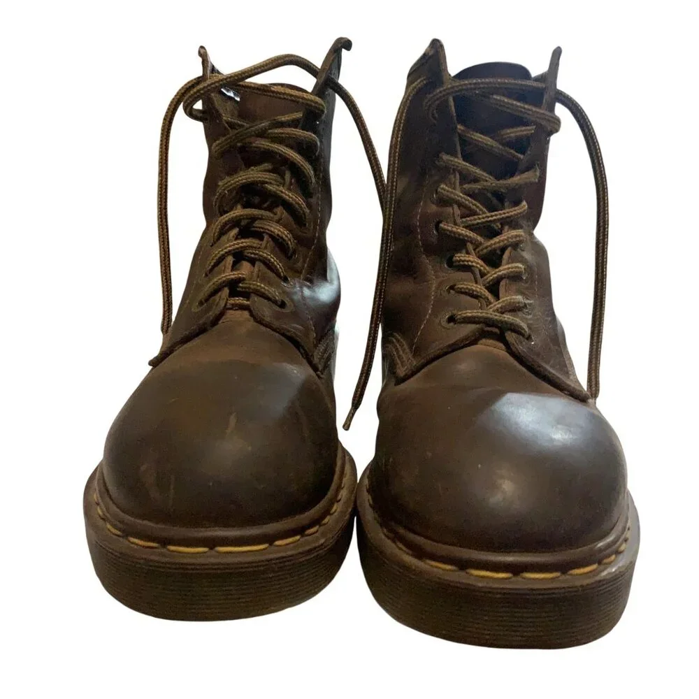 90s Dr.‎ Martens Mens 12 Boots Made In England Brown Lace-Up Inscribed 8 Eyelets